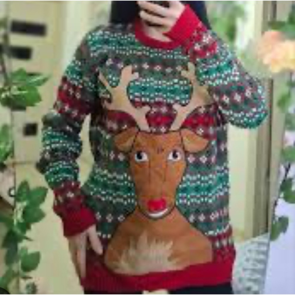 Christmas Sweater L Reindeer Holiday Green Red Festive Ugly Cute grandma sweater